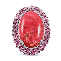 Norwegian Thulite and Orissa Rhodolite Garnet Double Halo Ring in Platinum Over Sterling Silver 44.30 ctw