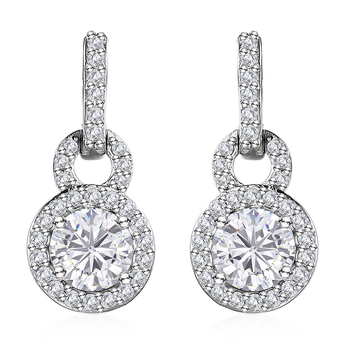 Moissanite Halo Dangling Earrings in Platinum Over Sterling Silver 1.25 ctw