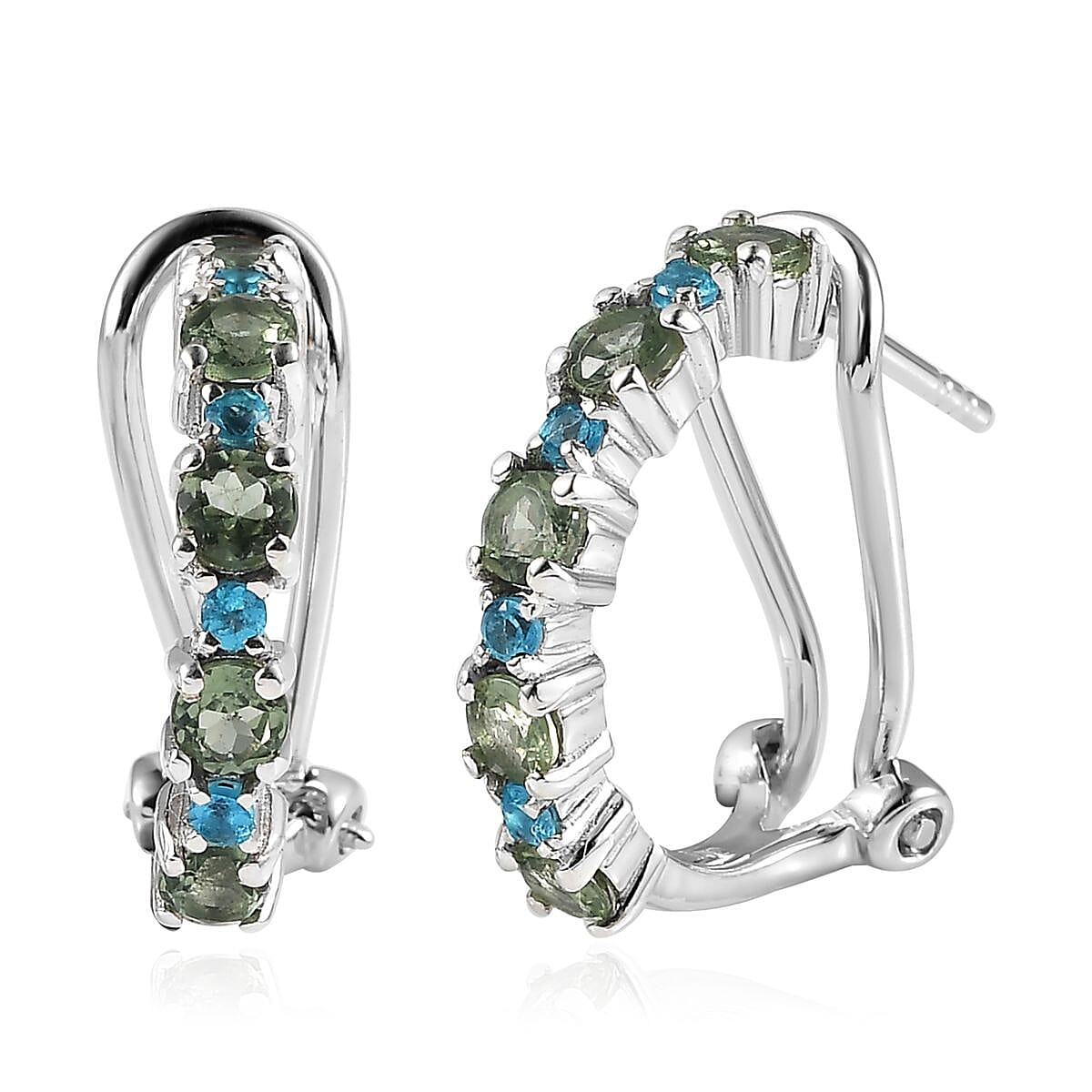 Tanzanian Natural Green Apatite and Malgache Neon Apatite Omega Clip Earrings in Platinum Over Sterling Silver 1.40 ctw