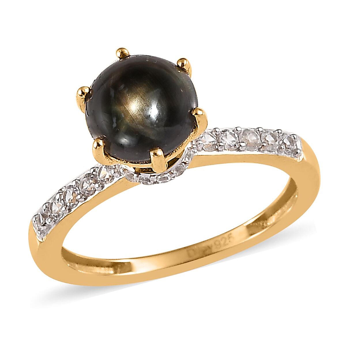 Premium Natural Black Star Sapphire and White Zircon Ring in Vermeil Yellow Gold Over Sterling Silver 2.40 ctw