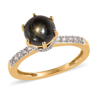 Premium Natural Black Star Sapphire and White Zircon Ring in Vermeil Yellow Gold Over Sterling Silver 2.40 ctw