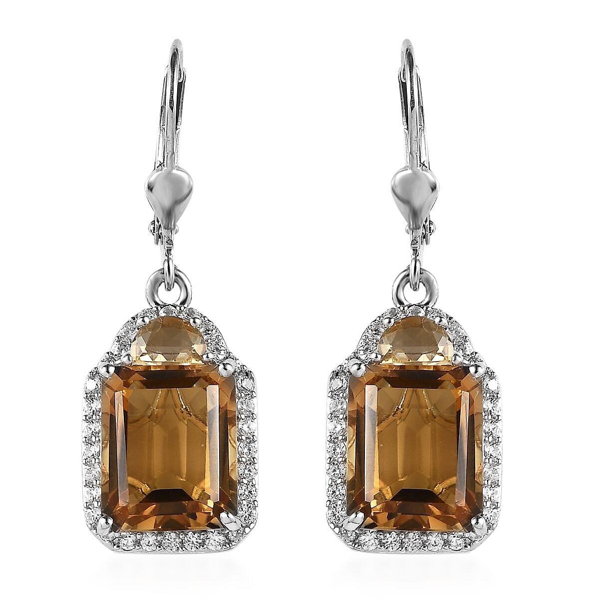 Brazilian Citrine and White Zircon Lever Back Earrings in Platinum Over Sterling Silver 11.15 ctw