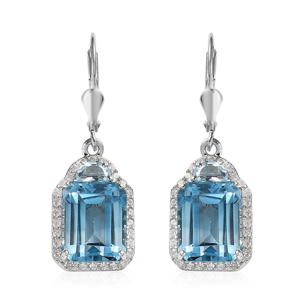 Sky Blue Topaz and White Zircon Lever Back Earrings in Platinum Over Sterling Silver 13.50 ctw