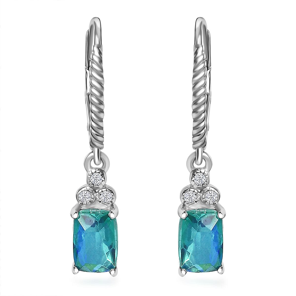 Peacock Quartz (Triplet) and White Zircon Lever Back Earrings in Platinum Over Sterling Silver