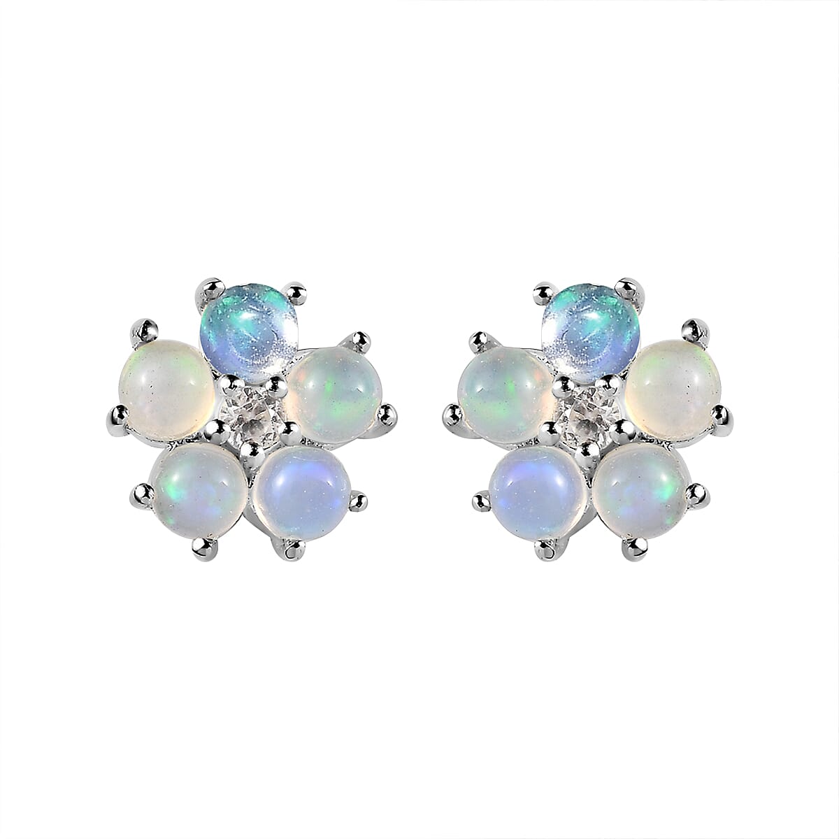 Ethiopian Welo Opal and White Zircon Floral Stud Earrings in Sterling Silver 0.90 ctw