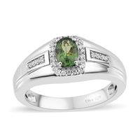 Green Apatite and White Zircon Men's Ring in Platinum Over Sterling Silver (Size 10.0) 1.00 ctw