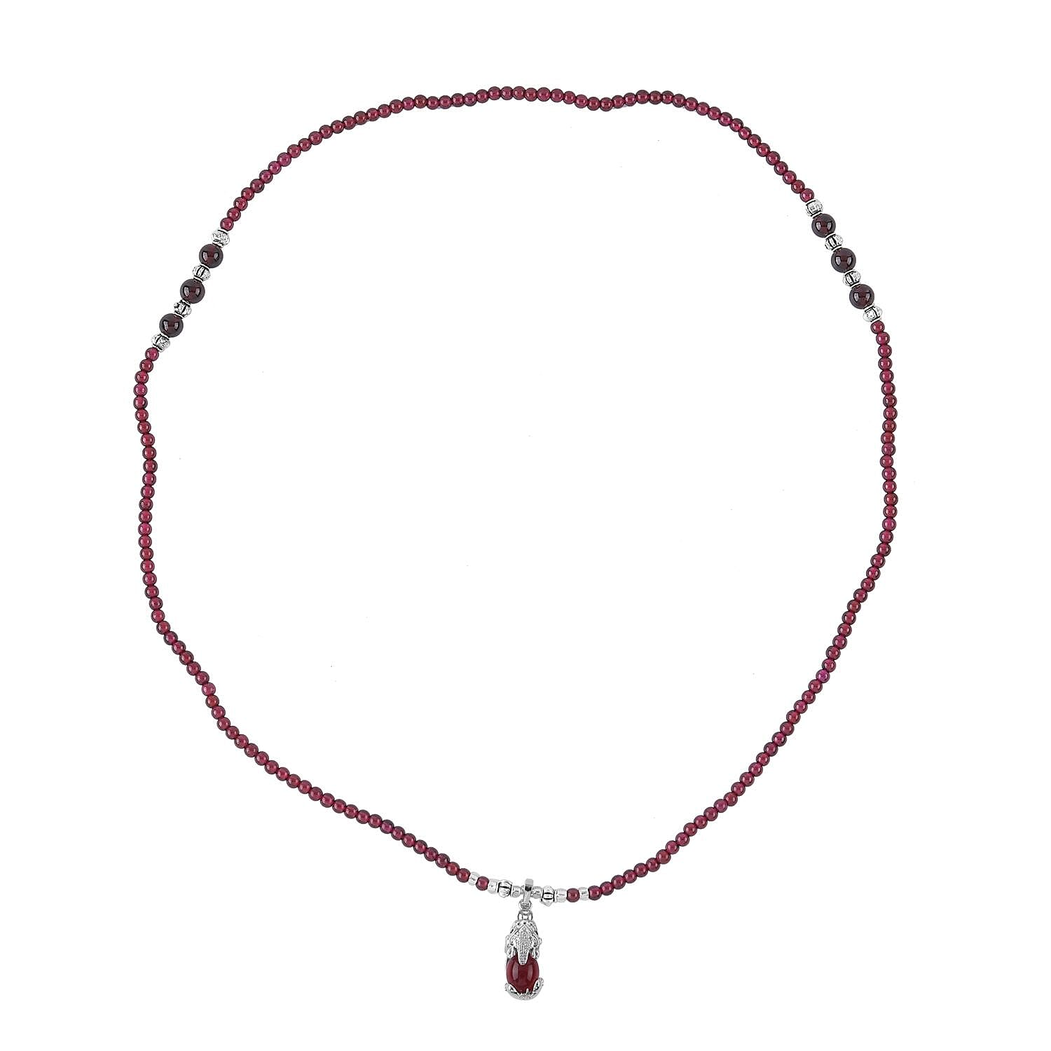 Simulated Ruby and Multi Gemstone Pendant with Mozambique Garnet Beaded Necklace 20 Inches in Silvertone 53.10 ctw