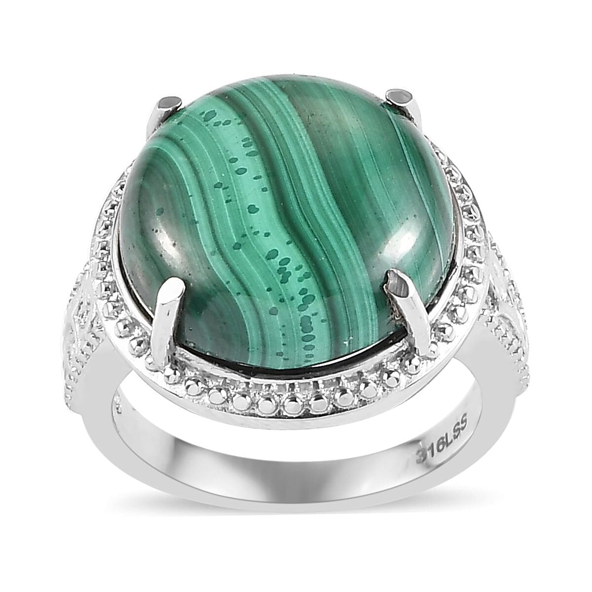 African Malachite Solitaire Ring in Stainless Steel (Size 10.0) 15.00 ctw