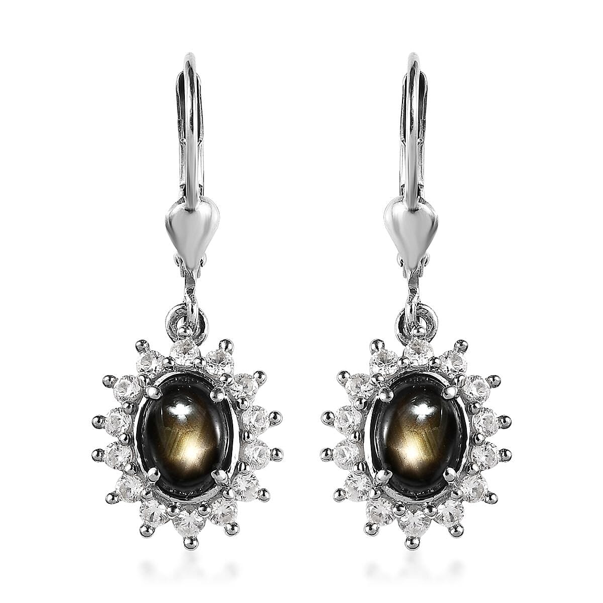 Bankacha Natural Black Star Sapphire and White Zircon Lever Back Earrings in Platinum Over Sterling Silver 3.70 ctw