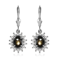 Bankacha Natural Black Star Sapphire and White Zircon Lever Back Earrings in Platinum Over Sterling Silver 3.70 ctw