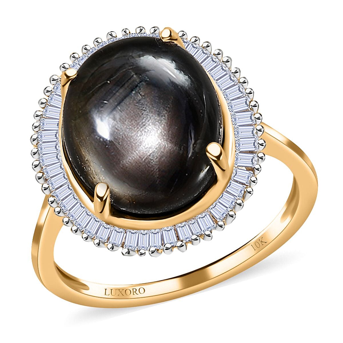 Luxoro 10K Yellow Gold Premium Bankacha Natural Black Star Sapphire and G-H I3 Diamond Halo Ring (Size 10.0) 8.00 ctw