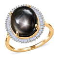 Luxoro 10K Yellow Gold Premium Bankacha Natural Black Star Sapphire and G-H I3 Diamond Halo Ring (Size 10.0) 8.00 ctw - Sticky add to cart bar