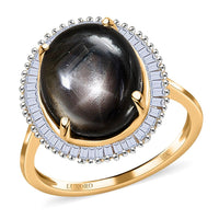 Luxoro 10K Yellow Gold Premium Bankacha Natural Black Star Sapphire and G-H I3 Diamond Halo Ring (Size 10.0) 8.00 ctw