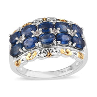 Premium Kanchanaburi Blue Sapphire and White Zircon Ring in Vermeil Yellow Gold and Platinum Over Sterling Silver 2.25 ctw