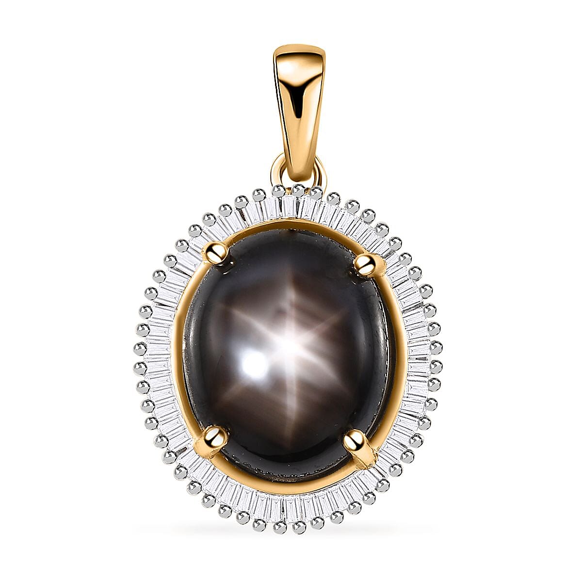 Luxoro 10K Yellow Gold Premium Bankacha Natural Black Star Sapphire and G-H I3 Diamond Halo Pendant 7.00 ctw