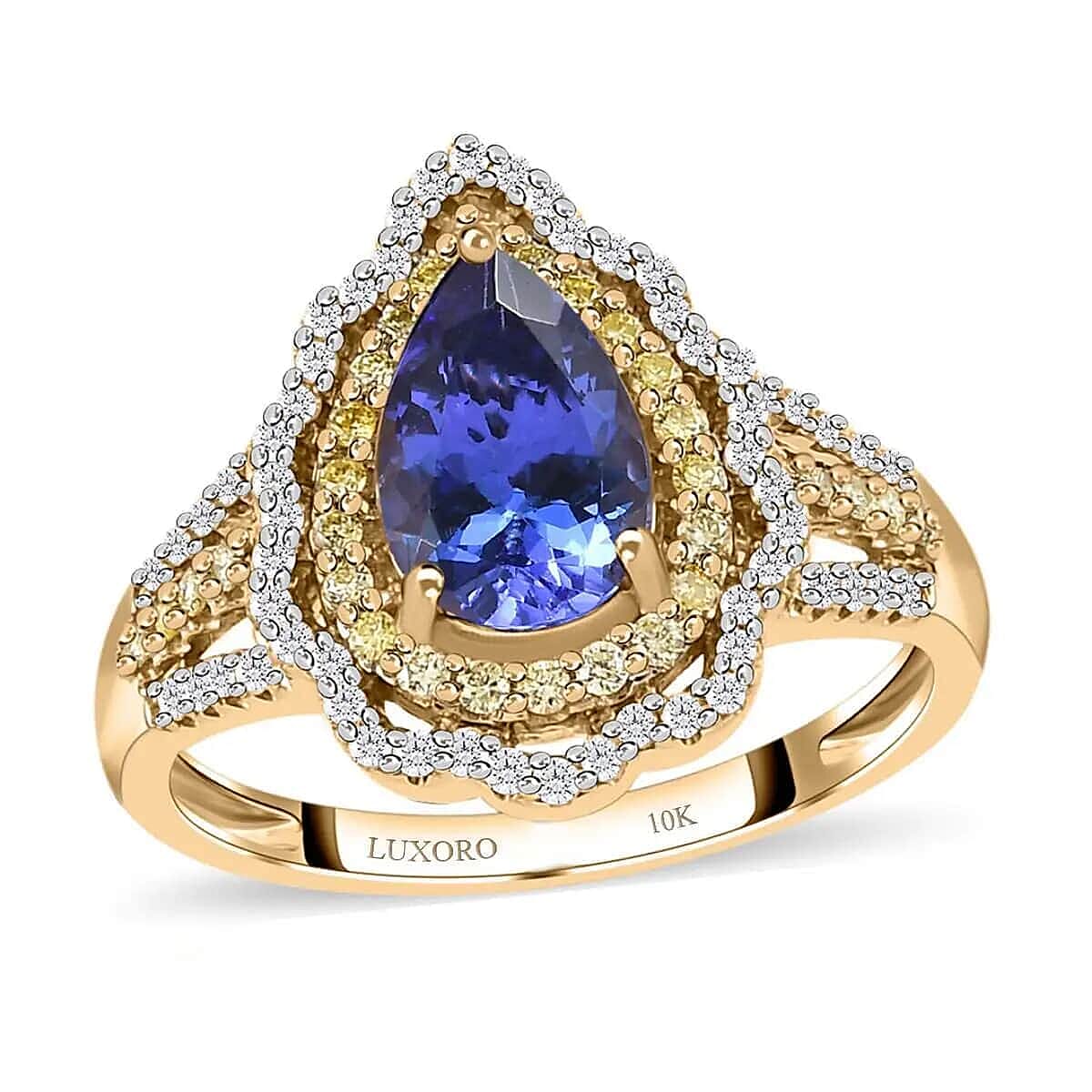 Luxoro 10K Yellow Gold Premium Tanzanite, Natural Yellow and White Diamond (I3) (0.33 cts) Split Shank Double Halo Ring (Size 7.0) (Del. in 15-20 Days) 1.85 ctw