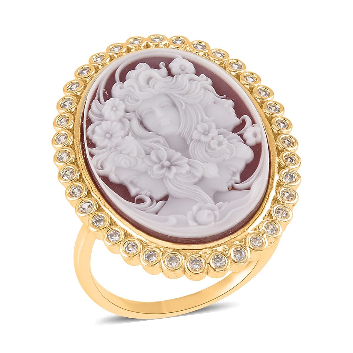 Red Cameo and Simulated Diamond Ring in Goldtone 3.20 ctw