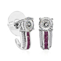 120 Facets Moissanite and Niassa Ruby (FF) J-Hoop Earrings in Platinum Over Sterling Silver 3.00 ctw