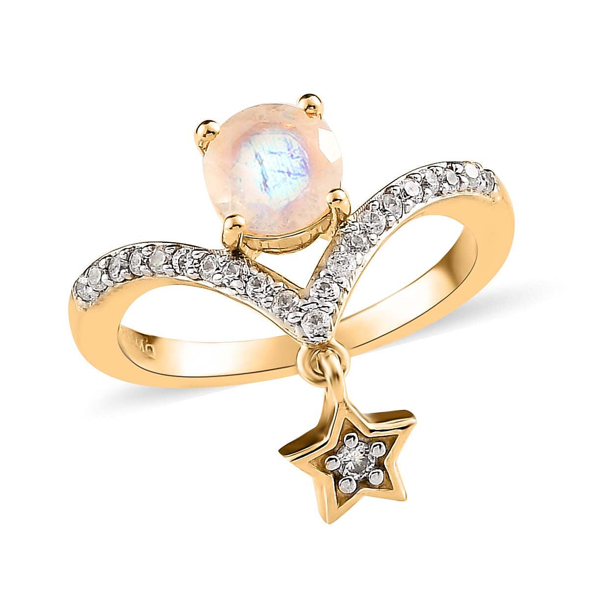 Kuisa Rainbow Moonstone and White Zircon Chevron Star Charm Ring in Vermeil Yellow Gold Over Sterling Silver 1.25 ctw