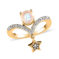 Kuisa Rainbow Moonstone and White Zircon Chevron Star Charm Ring in Vermeil Yellow Gold Over Sterling Silver 1.25 ctw