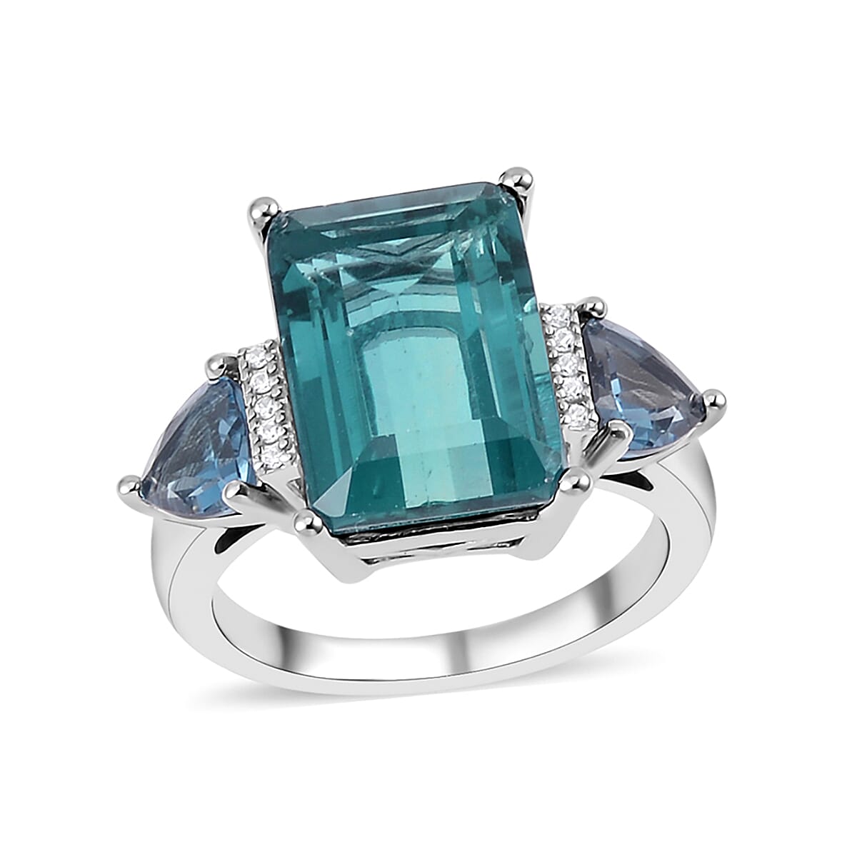 Teal Fluorite, Multi Gemstone Ring in Rhodium Over Sterling Silver (Size 10.0) 11.25 ctw