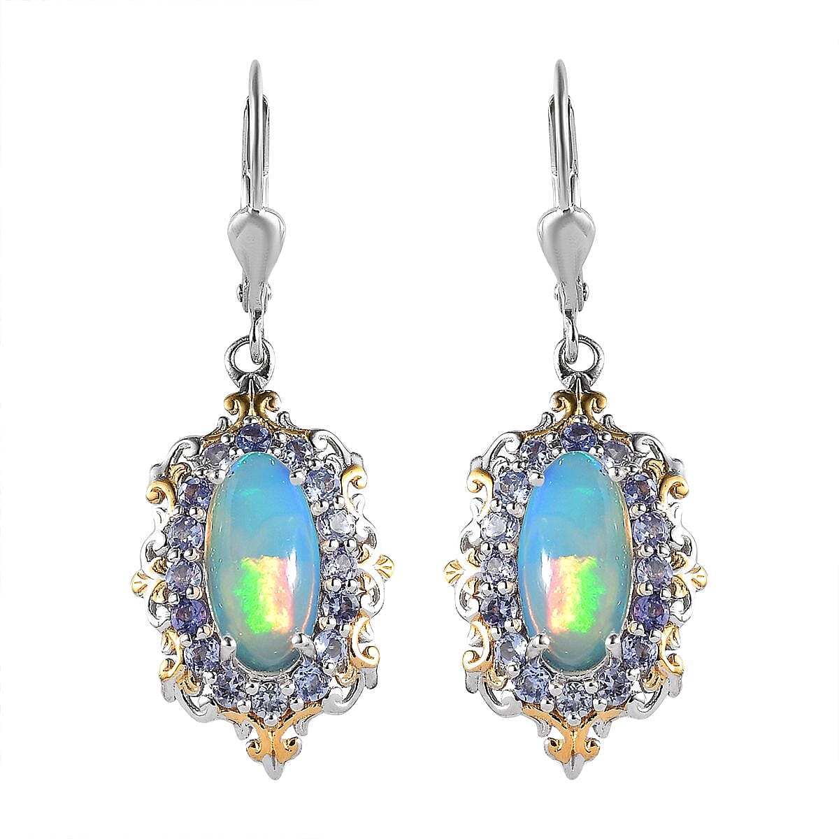 Premium Ethiopian Welo Opal and Tanzanite Lever Back Earrings in Vermeil YG and Platinum Over Sterling Silver 4.25 ctw
