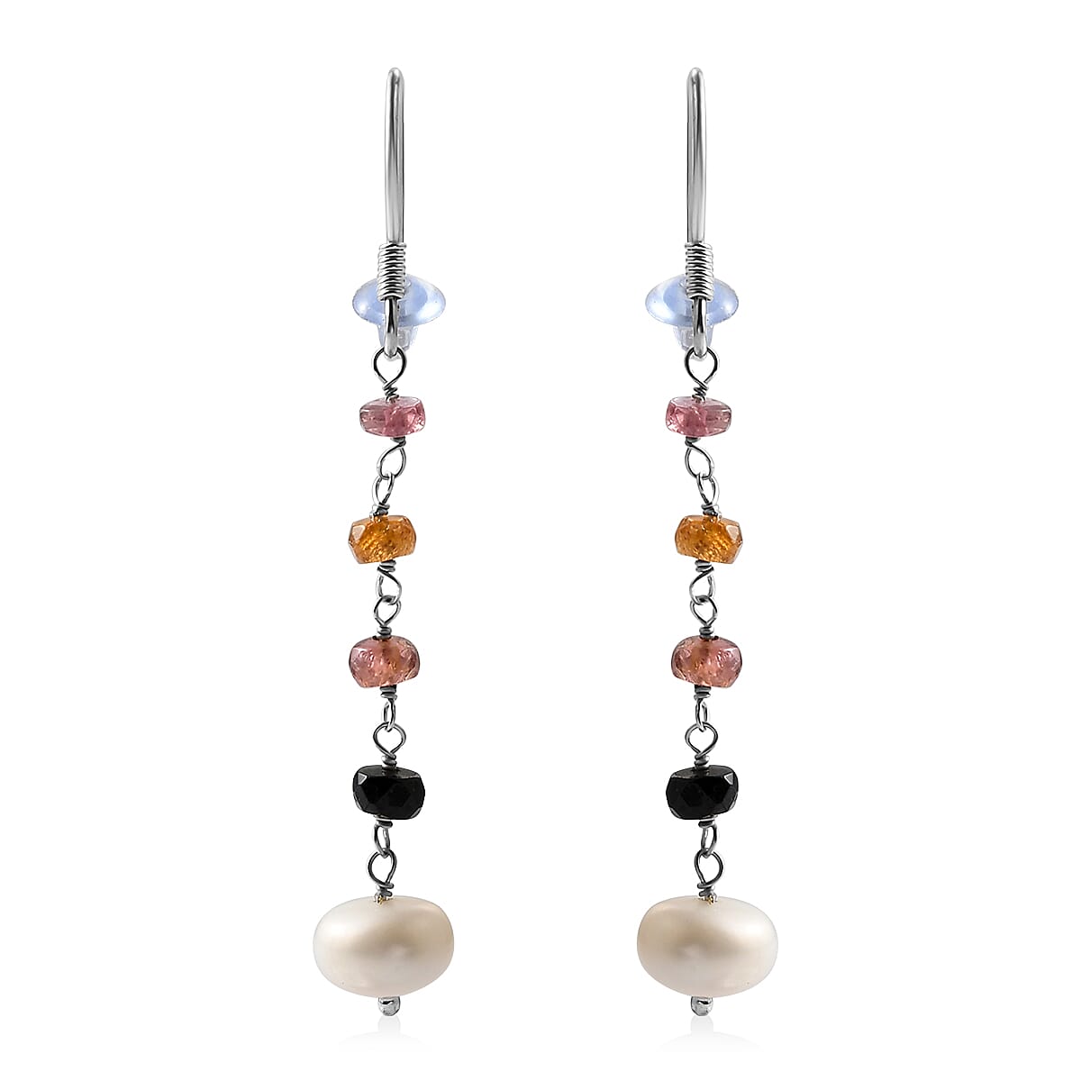 Freshwater Pearl and Multi Sapphire Earrings in Sterling Silver 2.00 ctw