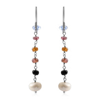 Freshwater Pearl and Multi Sapphire Earrings in Sterling Silver 2.00 ctw