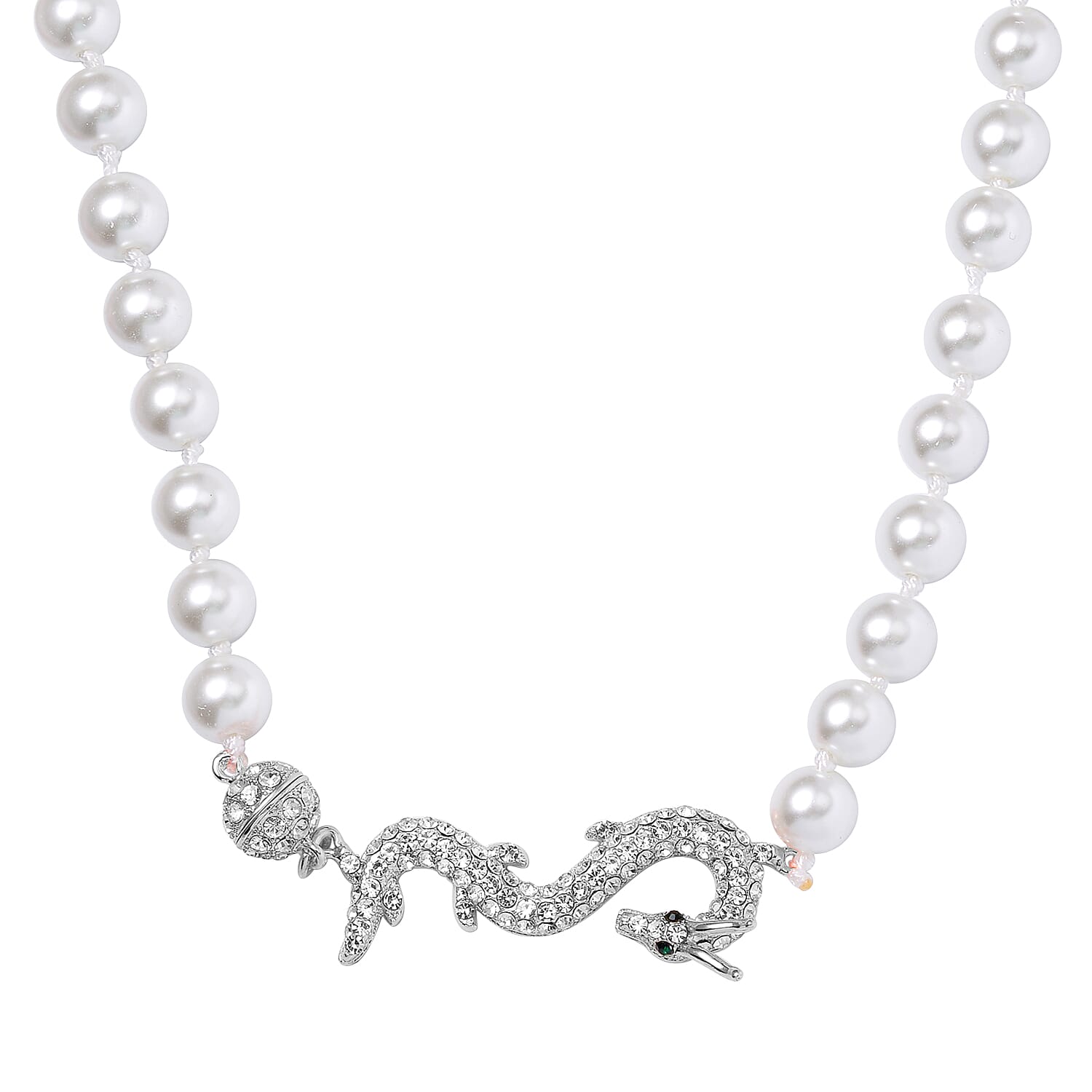 White Shell Pearl, Green and White Austrian Crystal Dragon Necklace 20 Inches in Silvertone