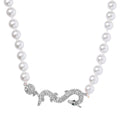 White Shell Pearl, Green and White Austrian Crystal Dragon Necklace 20 Inches in Silvertone - Sticky add to cart bar