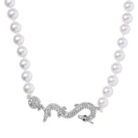 White Shell Pearl, Green and White Austrian Crystal Dragon Necklace 20 Inches in Silvertone