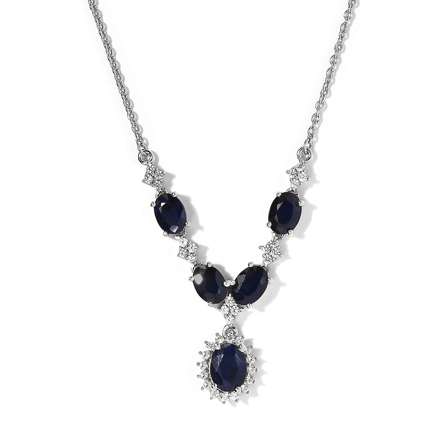 Madagascar Blue Sapphire (DF) and White Zircon 6.20 ctw Necklace in Platinum Over Sterling Silver 18 Inches