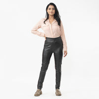 LA Marey Chocolate Genuine Lamb Leather With Back Ponte Knit Legging - S