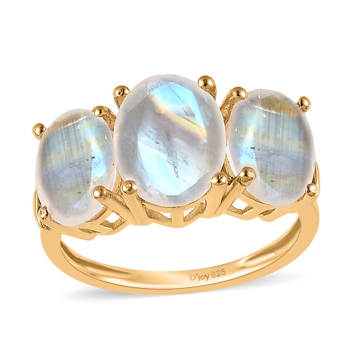 Premium Rainbow Moonstone and Diamond 3 Stone Ring in Vermeil Yellow Gold Over Sterling Silver 4.35 ctw