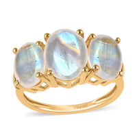 Premium Rainbow Moonstone and Diamond 3 Stone Ring in Vermeil Yellow Gold Over Sterling Silver 4.35 ctw
