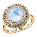 Luxoro 10K Yellow Gold Premium Rainbow Moonstone and Multi Gemstone Double Halo Ring (Size 10.0) 4.40 ctw - Sticky add to cart bar