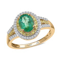 Luxoro 10K Yellow Gold AAA Kagem Zambian Emerald, Natural Yellow and White Diamond I3 Double Halo Ring 1.50 ctw - Sticky add to cart bar