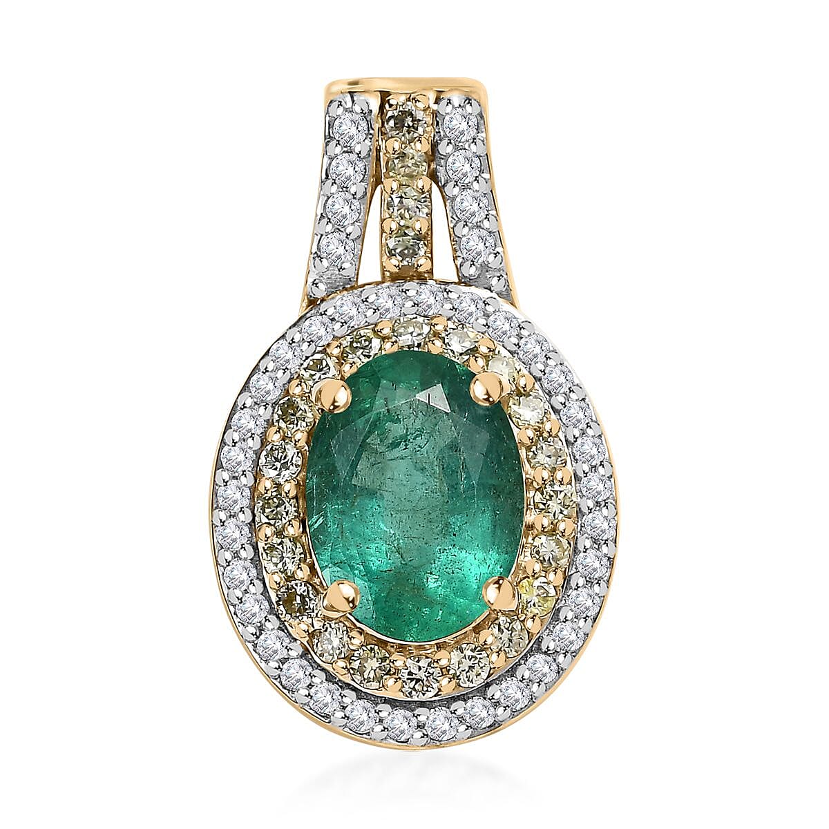 Luxoro 10K Yellow Gold AAA Kagem Zambian Emerald, Natural Yellow and White Diamond I3 Double Halo Pendant 1.50 ctw