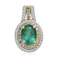 Luxoro 10K Yellow Gold AAA Kagem Zambian Emerald, Natural Yellow and White Diamond I3 Double Halo Pendant 1.50 ctw