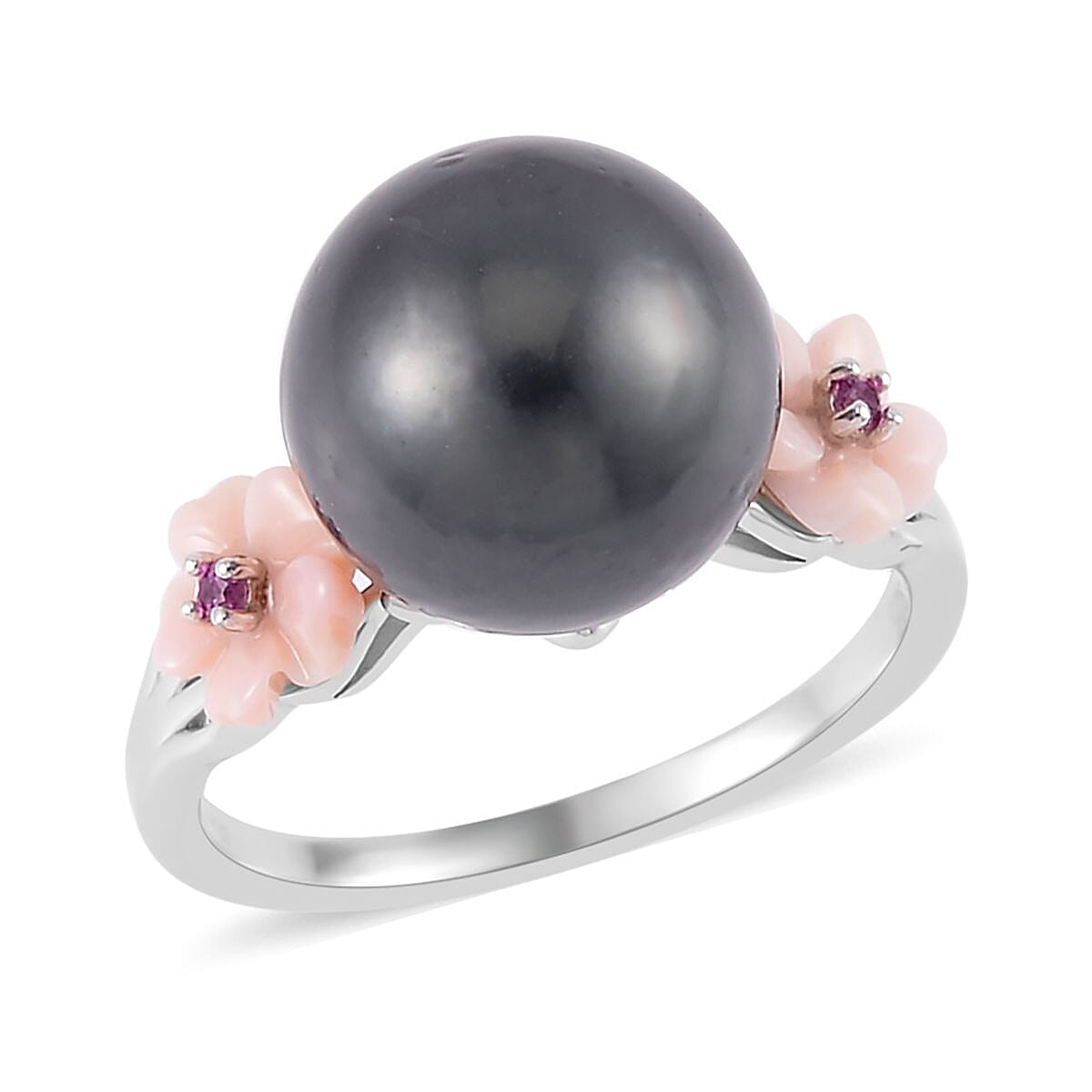 Tahitian Cultured Pearl 11-12mm and Multi Gemstone Ring in Rhodium Over Sterling Silver (Size 10.0)