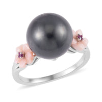 Tahitian Cultured Pearl 11-12mm and Multi Gemstone Ring in Rhodium Over Sterling Silver (Size 10.0)