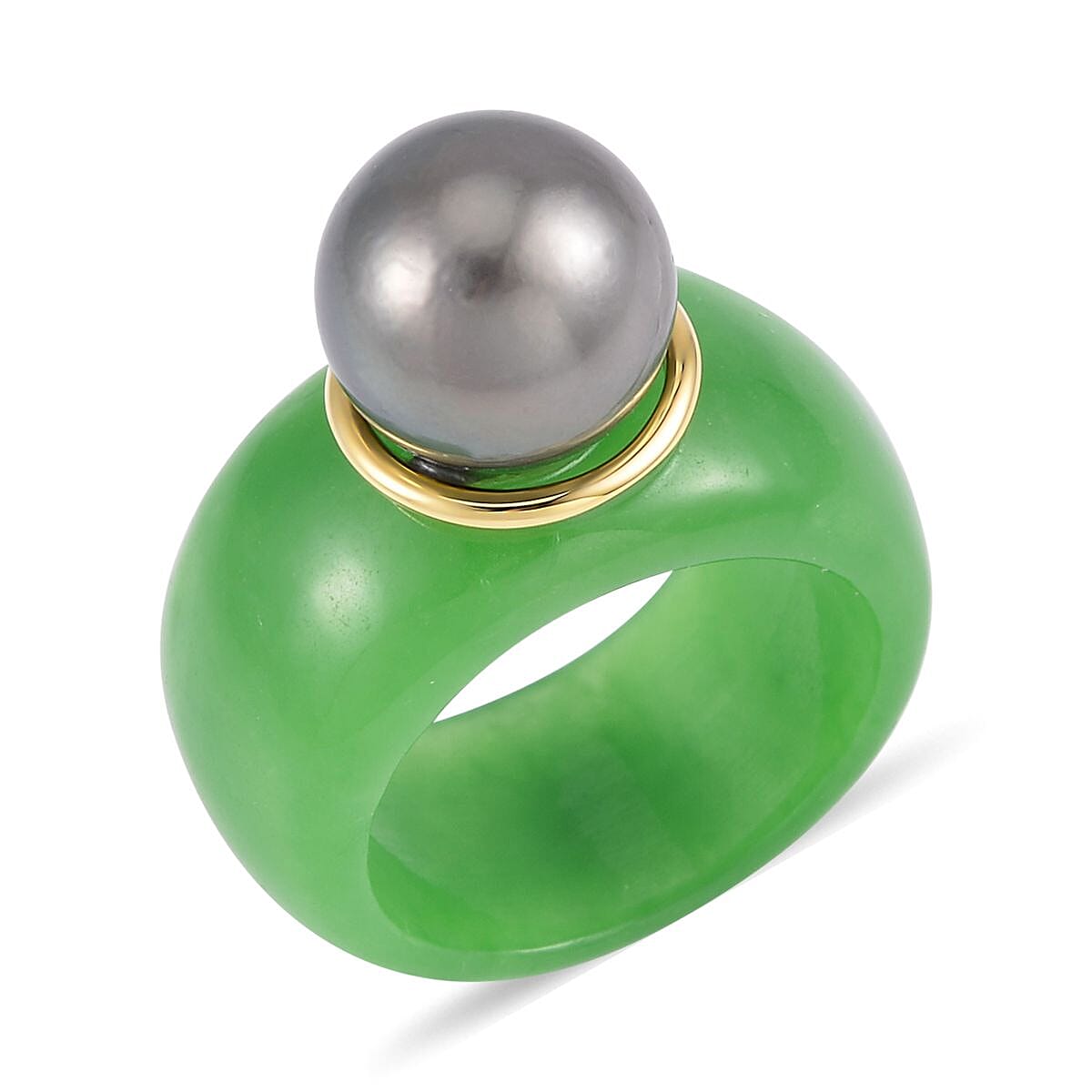 Tahitian Cultured Pearl 10-11mm, Green Jade Ring in Vermeil YG Over Sterling Silver (Size 10.0) 37.15 ctw