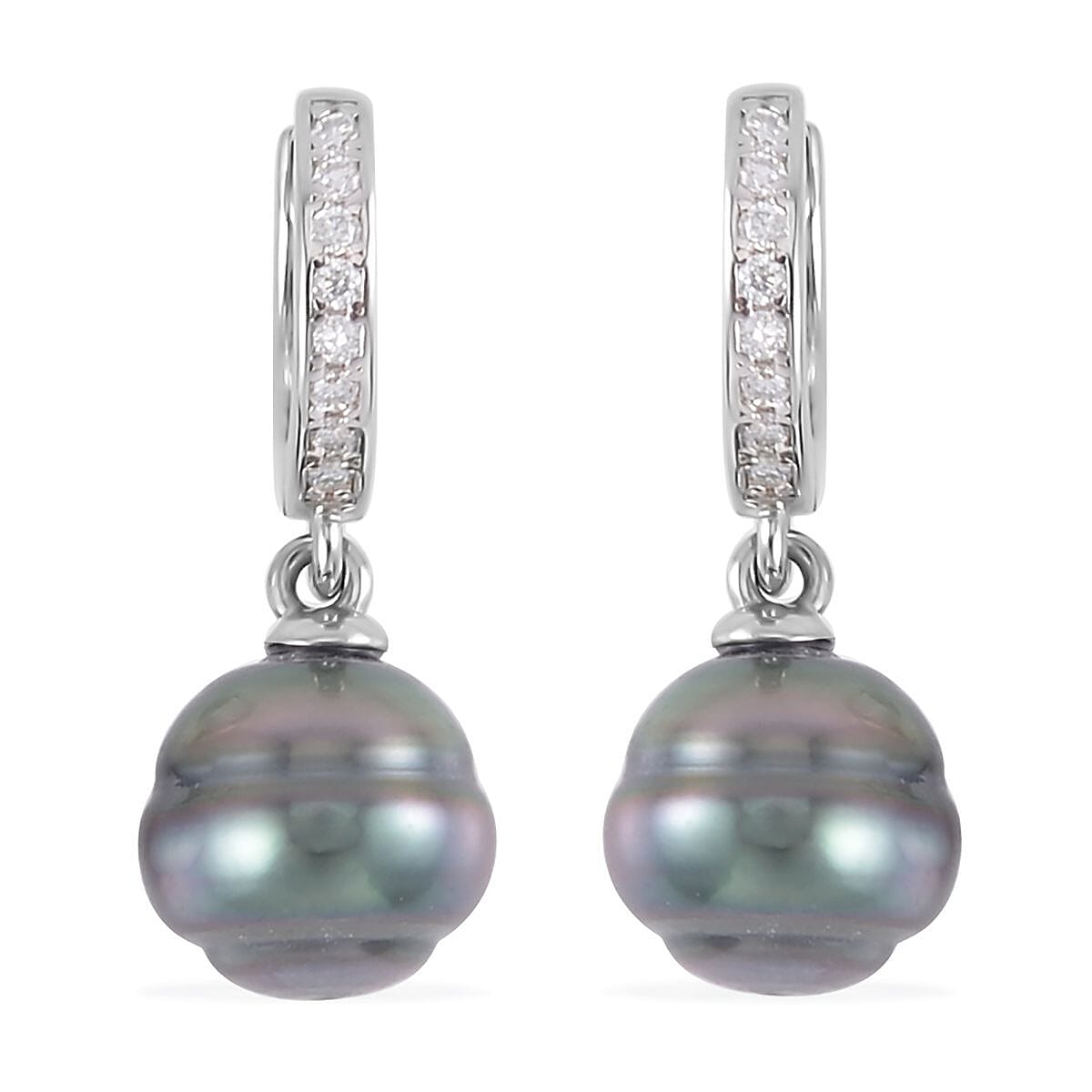 Tahitian Cultured Pearl and Moissanite Drop Earrings in Rhodium Over Sterling Silver 0.15 ctw