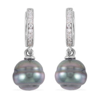Tahitian Cultured Pearl and Moissanite Drop Earrings in Rhodium Over Sterling Silver 0.15 ctw