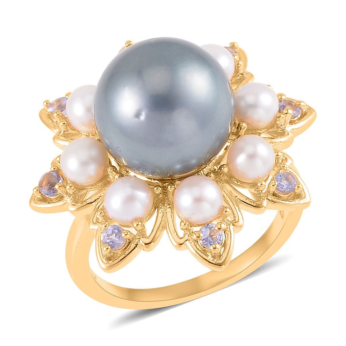 Tahitian Cultured Pearl 10-11mm, Multi Gemstone Ring in Vermeil YG Over Sterling Silver (Size 10.0) 0.30 ctw
