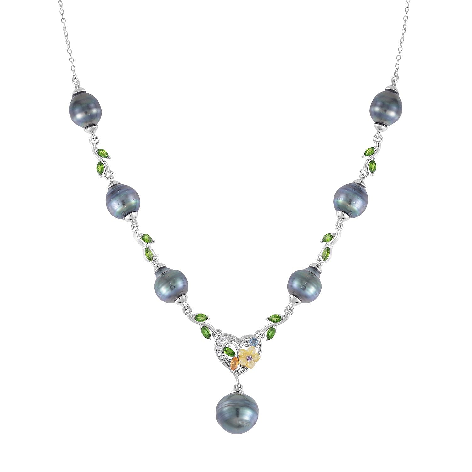 Tahitian Cultured Pearl and Multi Gemstone Drop Station Necklace 18-20 Inches in Rhodium Over Sterling Silver 1.25 ctw