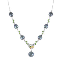 Tahitian Cultured Pearl and Multi Gemstone Drop Station Necklace 18-20 Inches in Rhodium Over Sterling Silver 1.25 ctw