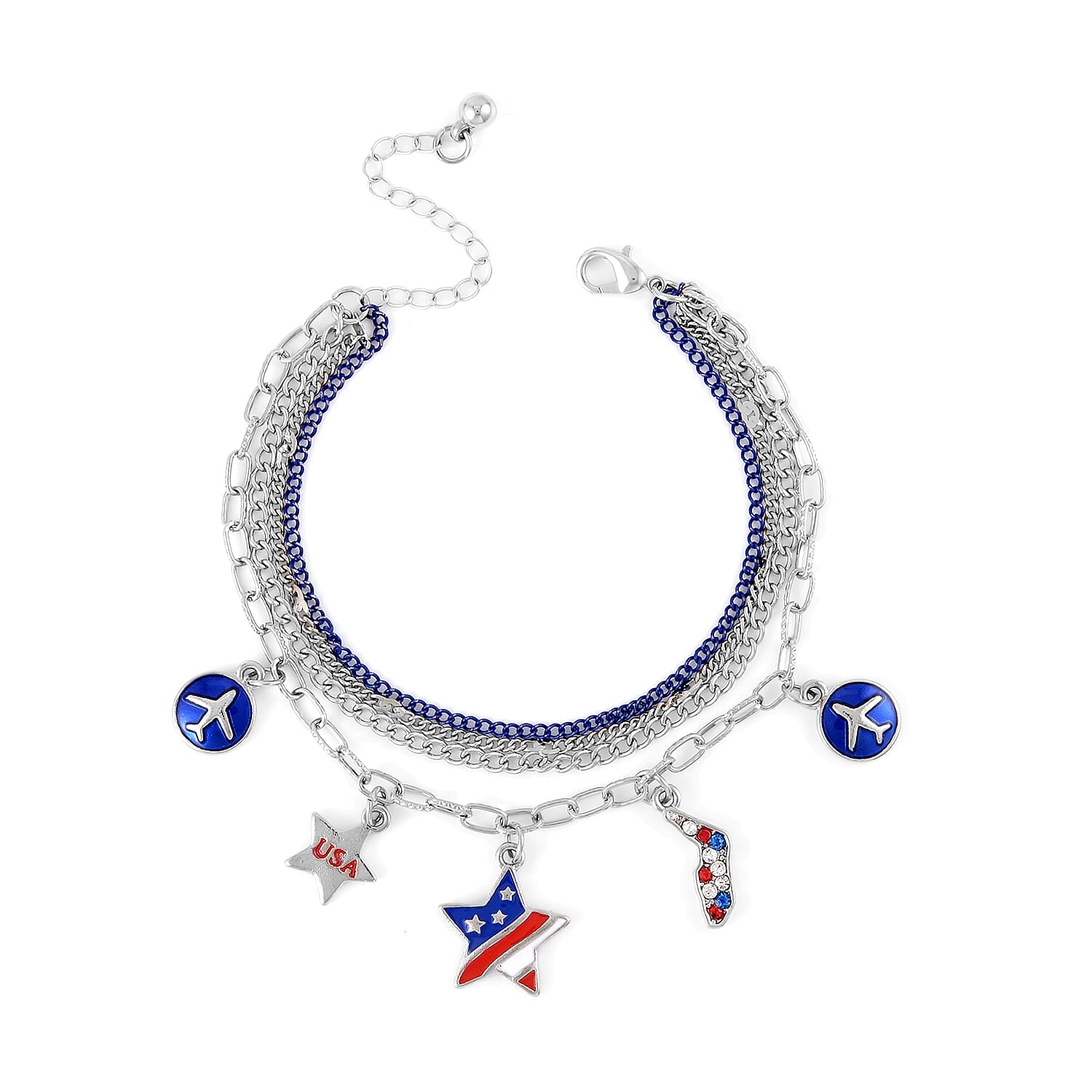 Multi Color Austrian Crystal, Enameled American Flag Pattern Bracelet in Silvertone (7.5-9.5In)