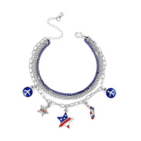 Multi Color Austrian Crystal, Enameled American Flag Pattern Bracelet in Silvertone (7.5-9.5In)