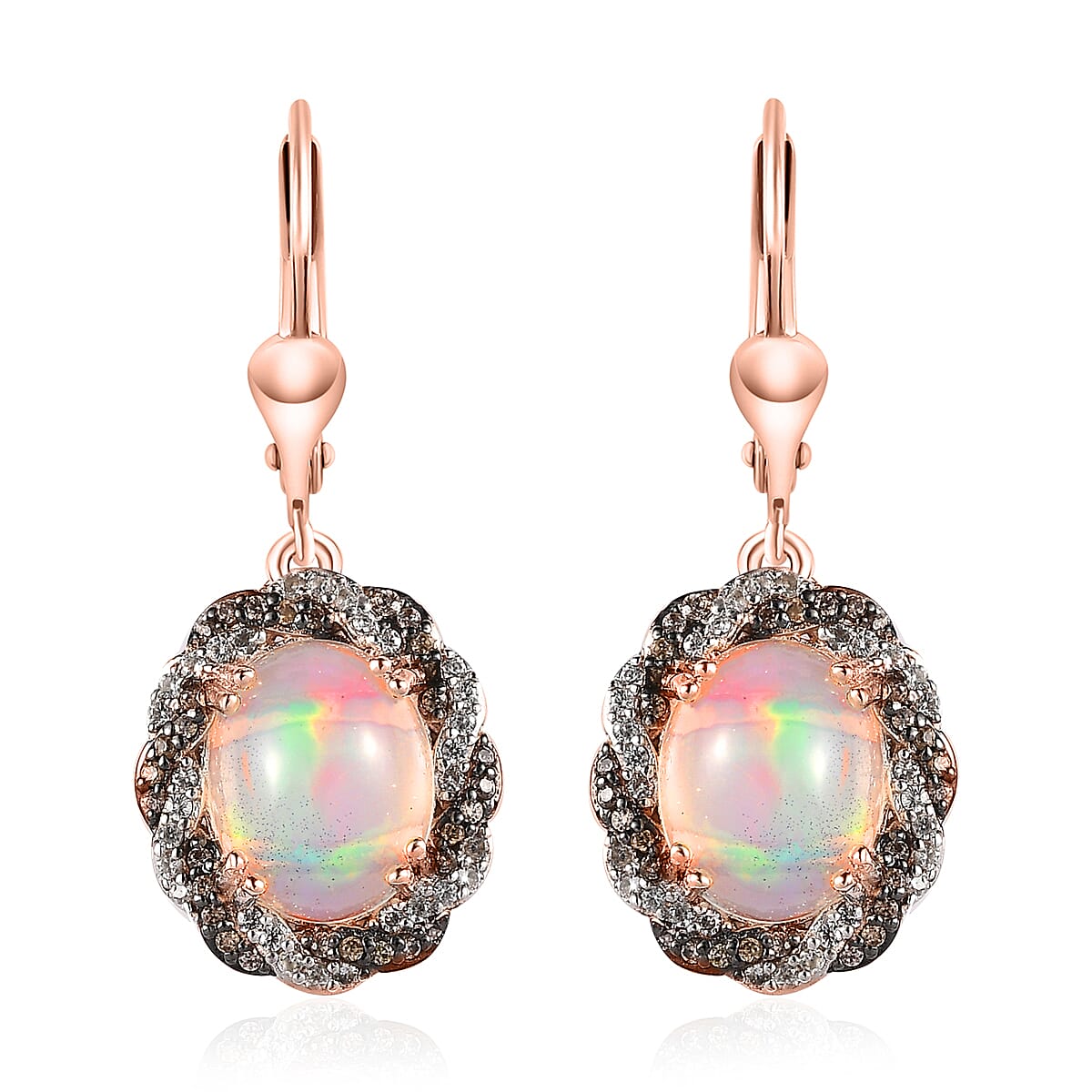 Premium Ethiopian Welo Opal, White and Champagne Zircon Lever Back Earrings in Vermeil Rose Gold Over Sterling Silver 3.90 ctw